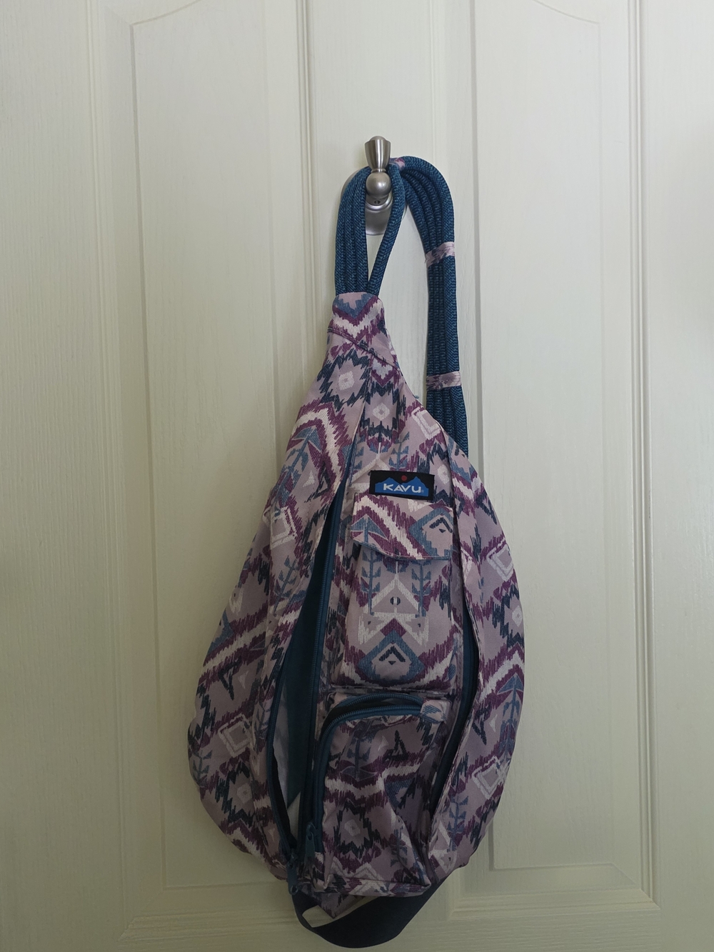 Kavu Purple Geometric Rope Sling Backpack with Teal Strap